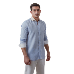 روبان قميص كتان مغسول بقصة عادية - أزرق سماوي - متعدد المقاسات