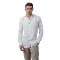 روبان قميص كتان نقي سادة بقصة عادية - أبيض - متعدد المقاسات