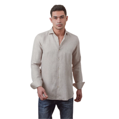 روبان قميص كتان مغسول منسوج سادة بقصة عادية - بيج - متعدد المقاسات