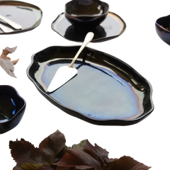 طقم تقديم خزفي يدوي بتشطيب أسود لامع متدرج