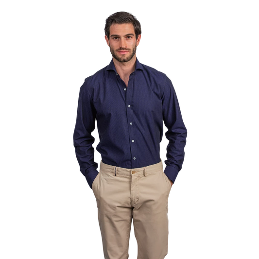 روبان قميص قطني جاكارد بقصة عادية - كحلي - متعدد المقاسات