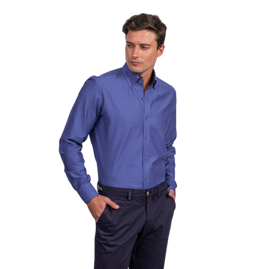 روبان قميص قطني منقوش بقصة عادية - أزرق - متعدد المقاسات