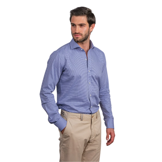 روبان قميص قطني منسوج بقصة عادية - أزرق - متعدد المقاسات