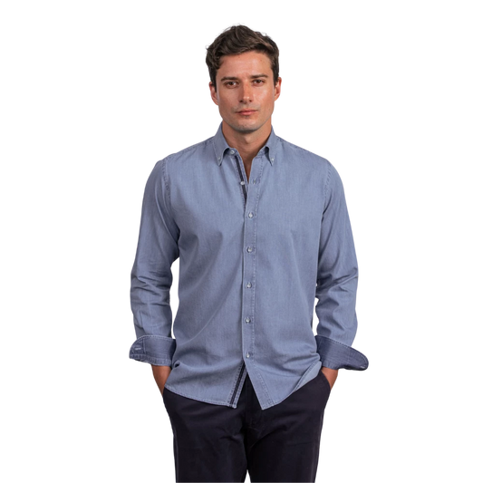 روبان قميص دنيم مغسول بقصة عادية - أزرق فاتح - متعدد المقاسات