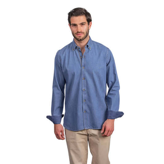 روبان قميص دنيم مغسول بقصة عادية - أزرق غامق - متعدد المقاسات