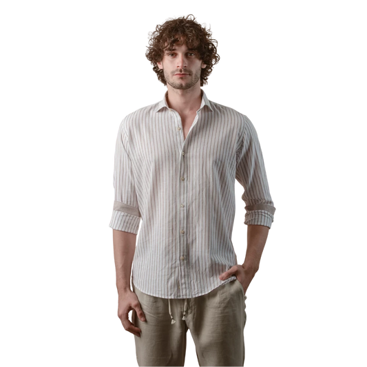 روبان قميص كتان قطني مخطط مغسول بقصة عادية - كافيه - متعدد المقاسات