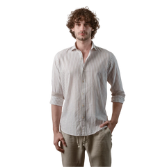 روبان قميص كتان قطني مخطط مغسول بقصة عادية - كافيه - متعدد المقاسات