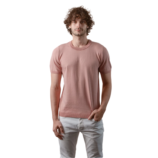 روبان تي شيرت قطن محاك ميلانج بياقة مستديرة - لون مرجاني - متعدد المقاسات