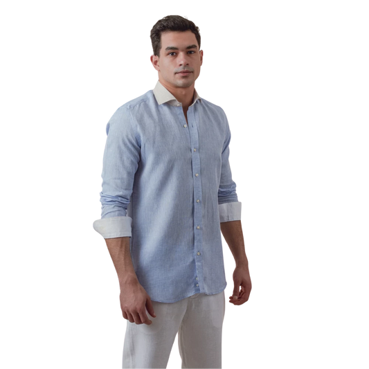 روبان قميص كتان مغسول بقصة عادية - أزرق سماوي - متعدد المقاسات