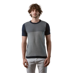 روبان تيشيرت قطني محبوك بنمط متعرج بياقة دائرية - كحلي - متعدد المقاسات