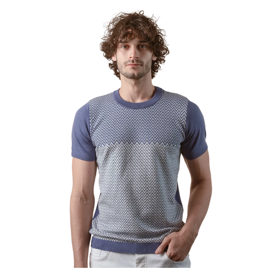 روبان تي شيرت قطن محاك بياقة مستديرة بنقشة متعرجة - متعدد الألوان - متعدد المقاسات