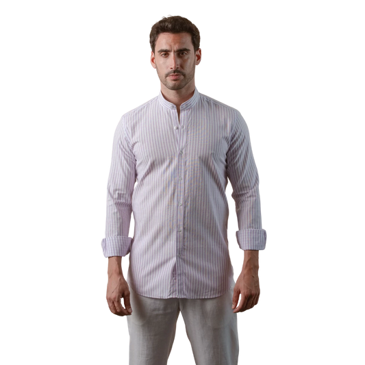 روبان قميص كتان قطني مخطط مغسول بقصة ضيقة - متعدد الألوان - متعدد المقاسات