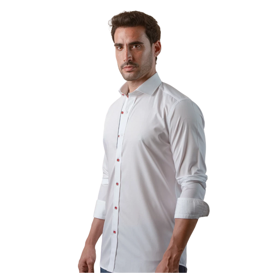 روبان قميص قطني ناعم سادة بقصة ضيقة - أبيض - متعدد المقاسات