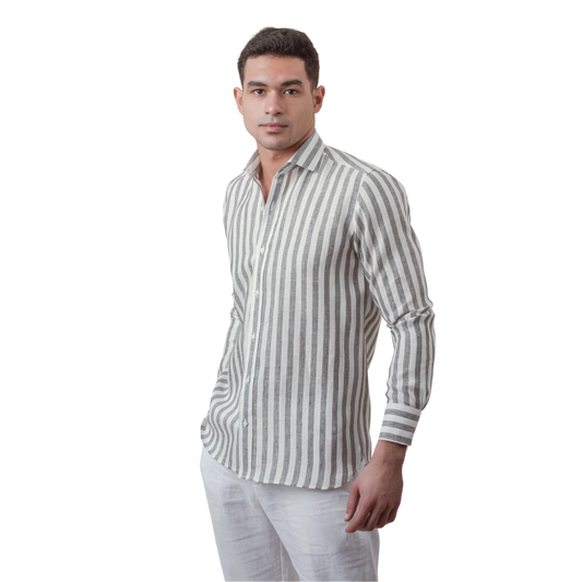 روبان قميص كتان مغسول مخطط بقصة عادية - متعدد الألوان - متعدد المقاسات