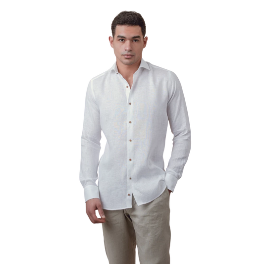 روبان قميص كتان نقي سادة بقصة عادية - أبيض - متعدد المقاسات