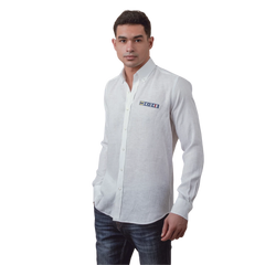 روبان قميص كتان سادة بقصة ضيقة - أبيض - متعدد المقاسات