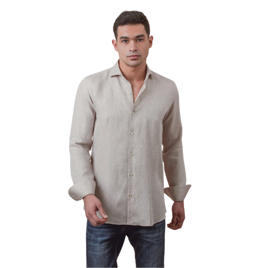 روبان قميص كتان مغسول منسوج سادة بقصة عادية - بيج - متعدد المقاسات