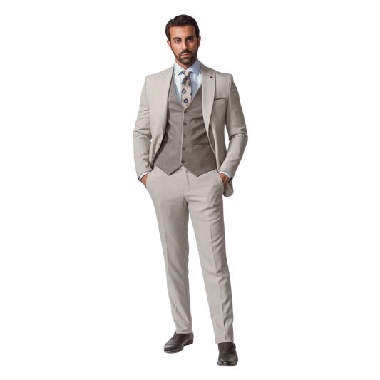 روبان بدلة ثلاثية القطع سادة منسوجة بقصة ضيقة - بيج - متعدد المقاسات