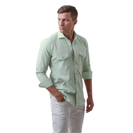 روبان قميص قطني مخطط بنسيج مجعد بقصة ضيقة - متعدد الألوان - متعدد المقاسات