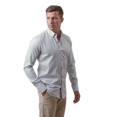 روبان قميص مخطط بياقة بأزرار - بيج - متعدد المقاسات