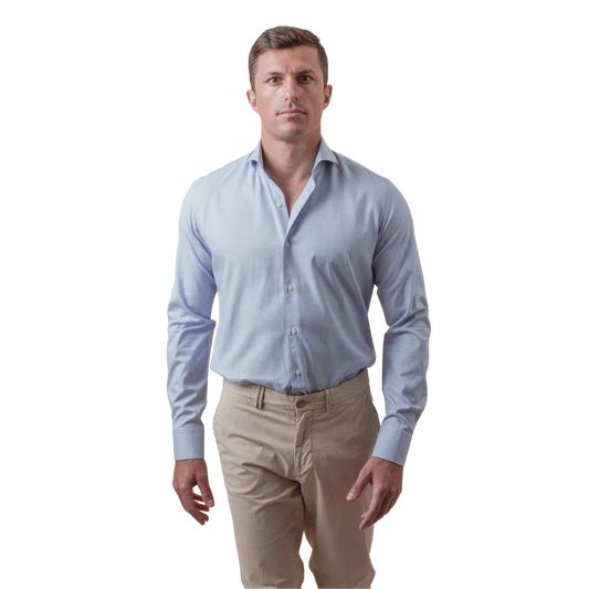 روبان قميص قطني منسوج بياقة مفتوحة - أزرق سماوي - متعدد المقاسات