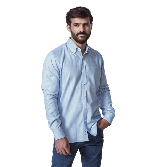 روبان قميص قطني منسوج بقصة ضيقة - أزرق سماوي - متعدد المقاسات