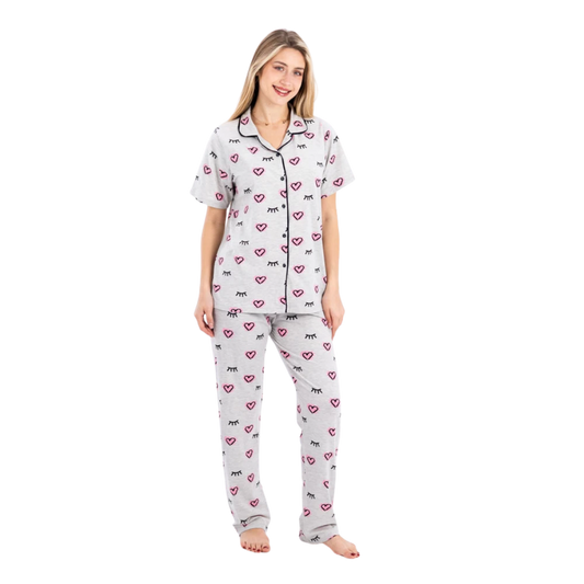 زكوتكس طقم بيجامة نسائي قطن مطبوع – بيج بنقوش قلوب ورموش – مقاسات متعددة