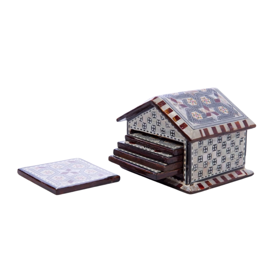 طقم قواعد أكواب خشبية مطعمة بالصدف بتصميم المنزل