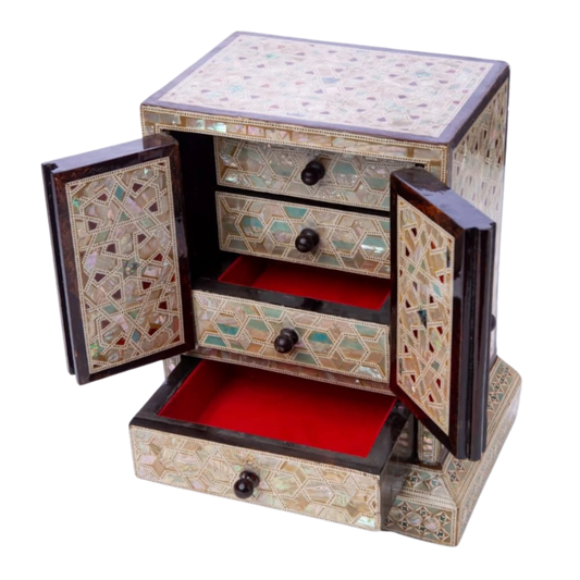 خزانة مجوهرات خشبية مطعمة بالصدف وبها أدراج